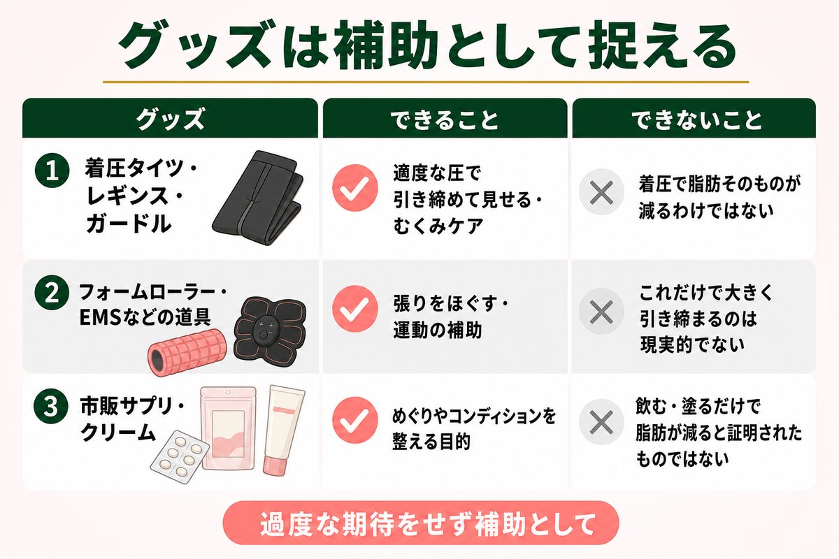 太もも痩せグッズや市販サプリは効く?