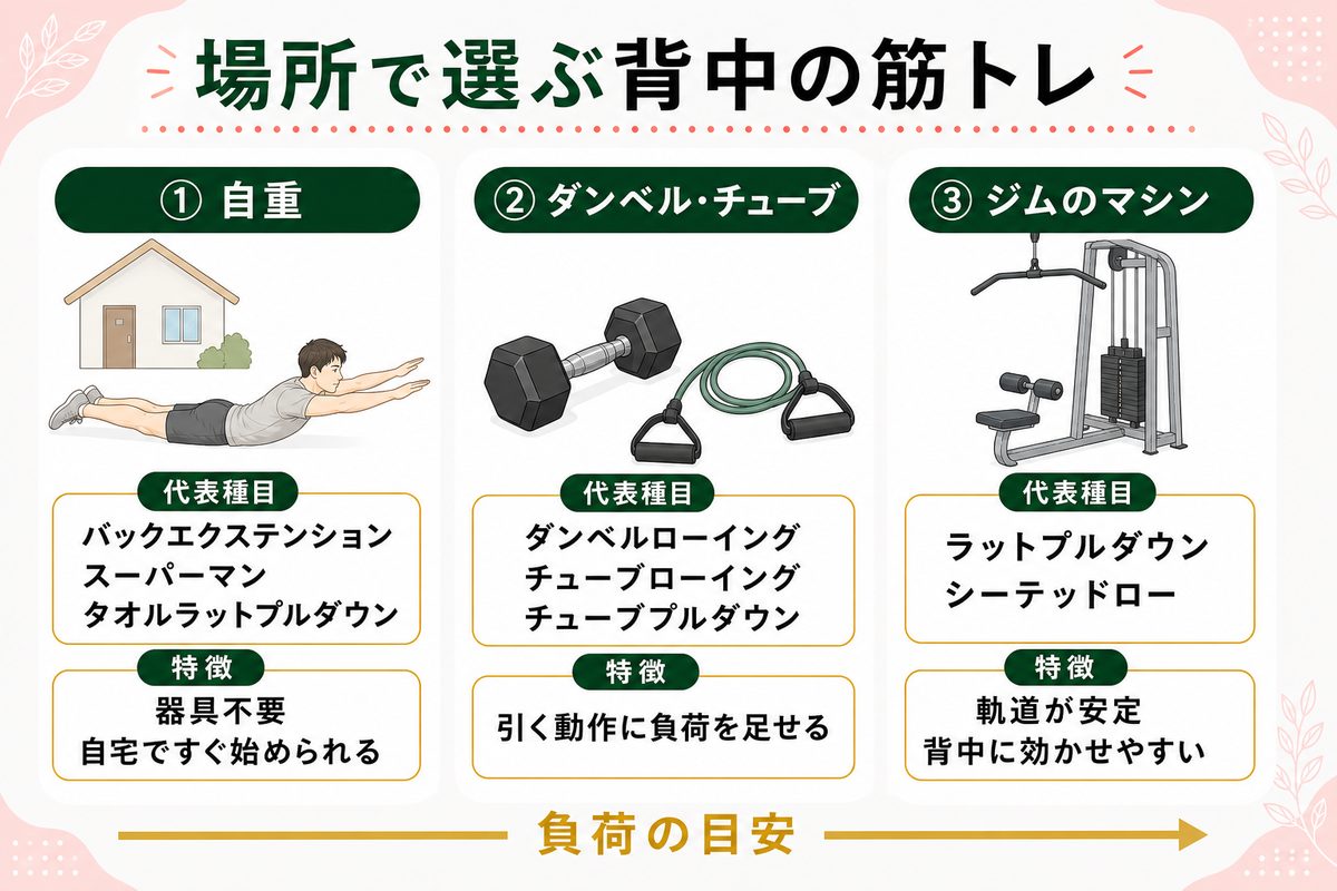 場所と強度で選ぶ背中痩せの筋トレ
