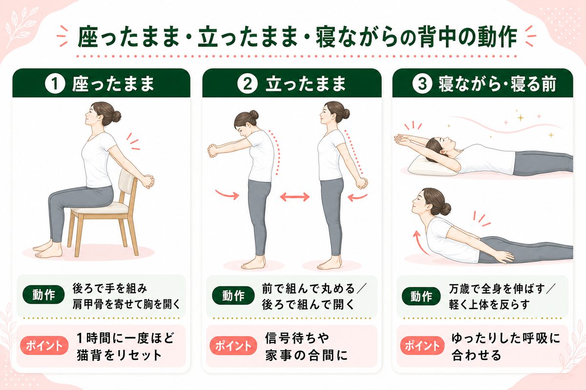 座ったまま・寝ながらなど手軽にできる背中痩せの動作
