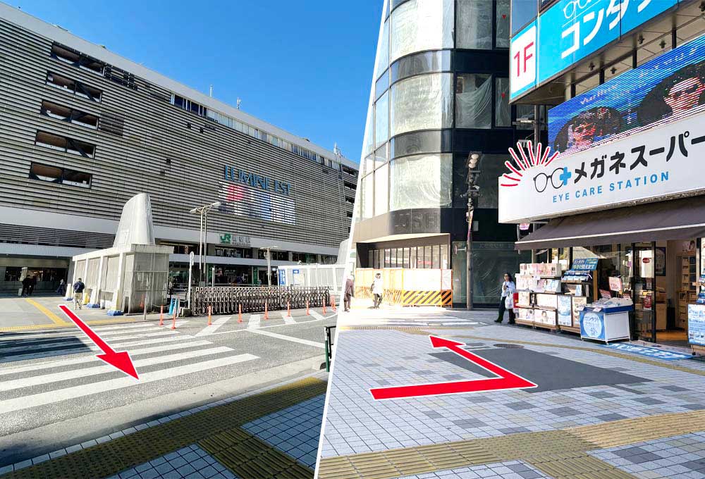 新宿駅東口と向かいのメガネスーパーの写真
