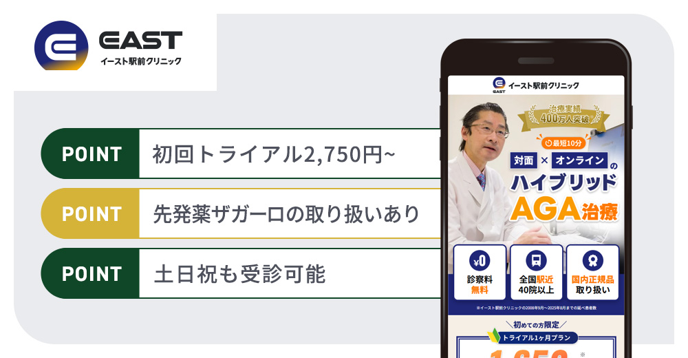 イースト駅前クリニックのAGA治療おすすめポイントまとめバナー