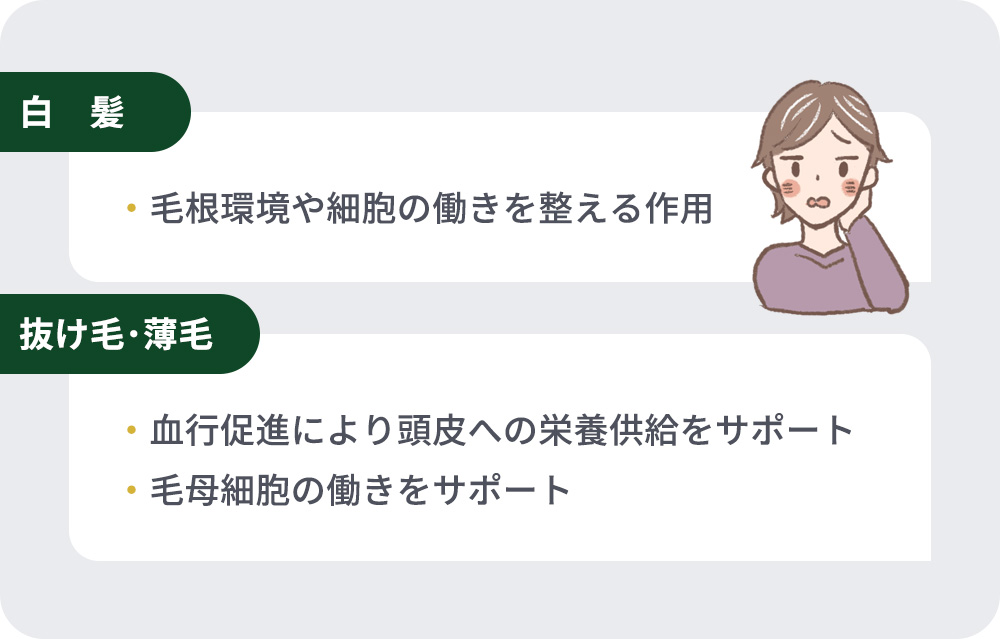 白髪･抜け毛などの作用まとめ一覧
