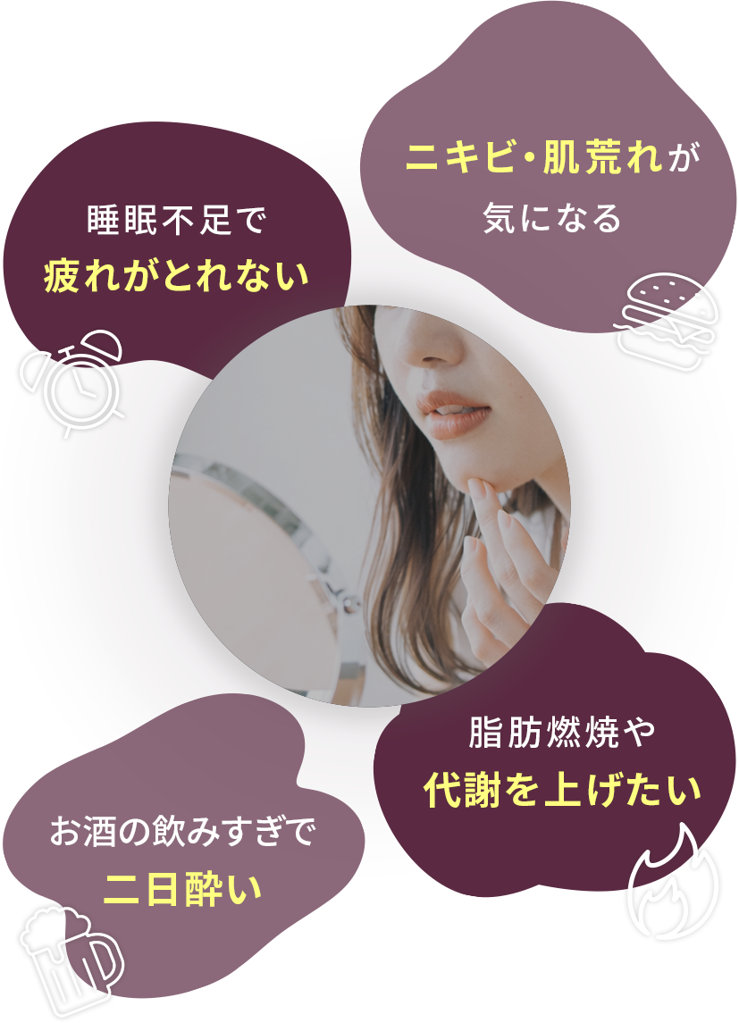 ニキビ・肌荒れが気になる 睡眠不足で疲れがとれない お酒の飲みすぎで二日酔い 脂肪燃焼や代謝を上げたい
